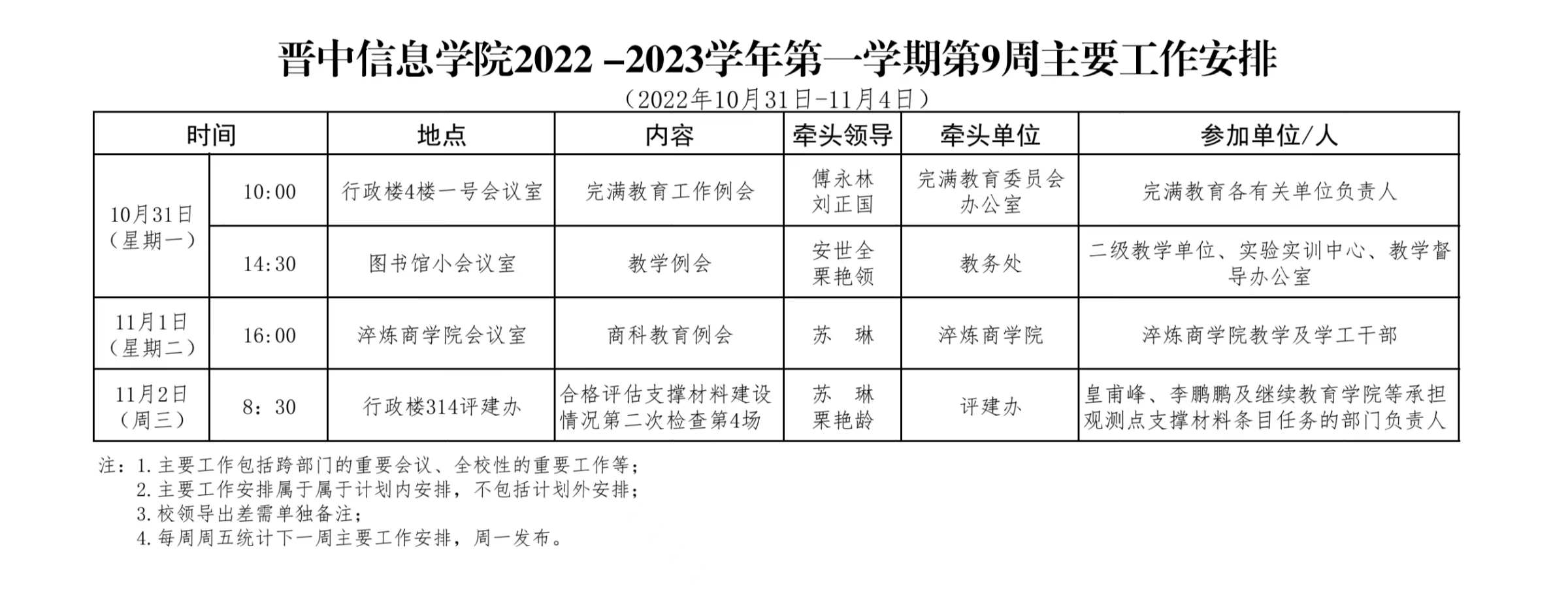 晋中信息学院2022—2023学年第一学期第9周主要工作安排