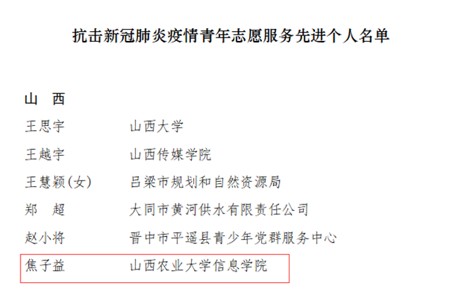 我校焦子益同学荣获“抗击新冠肺炎疫情青年志愿服务先进个人”称号