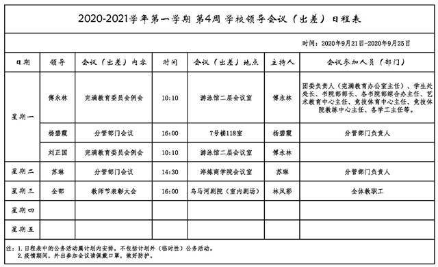 2020-2021学年第一学期第四周学校领导会议（出差）日程表