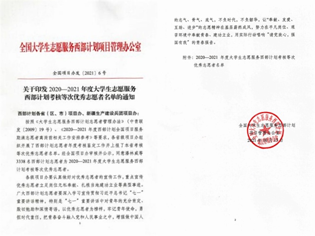我校学生获评全国“西部计划”优秀志愿者