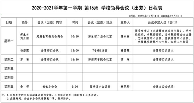 2020-2021学年第一学期第16周学校领导会议（出差）日程表