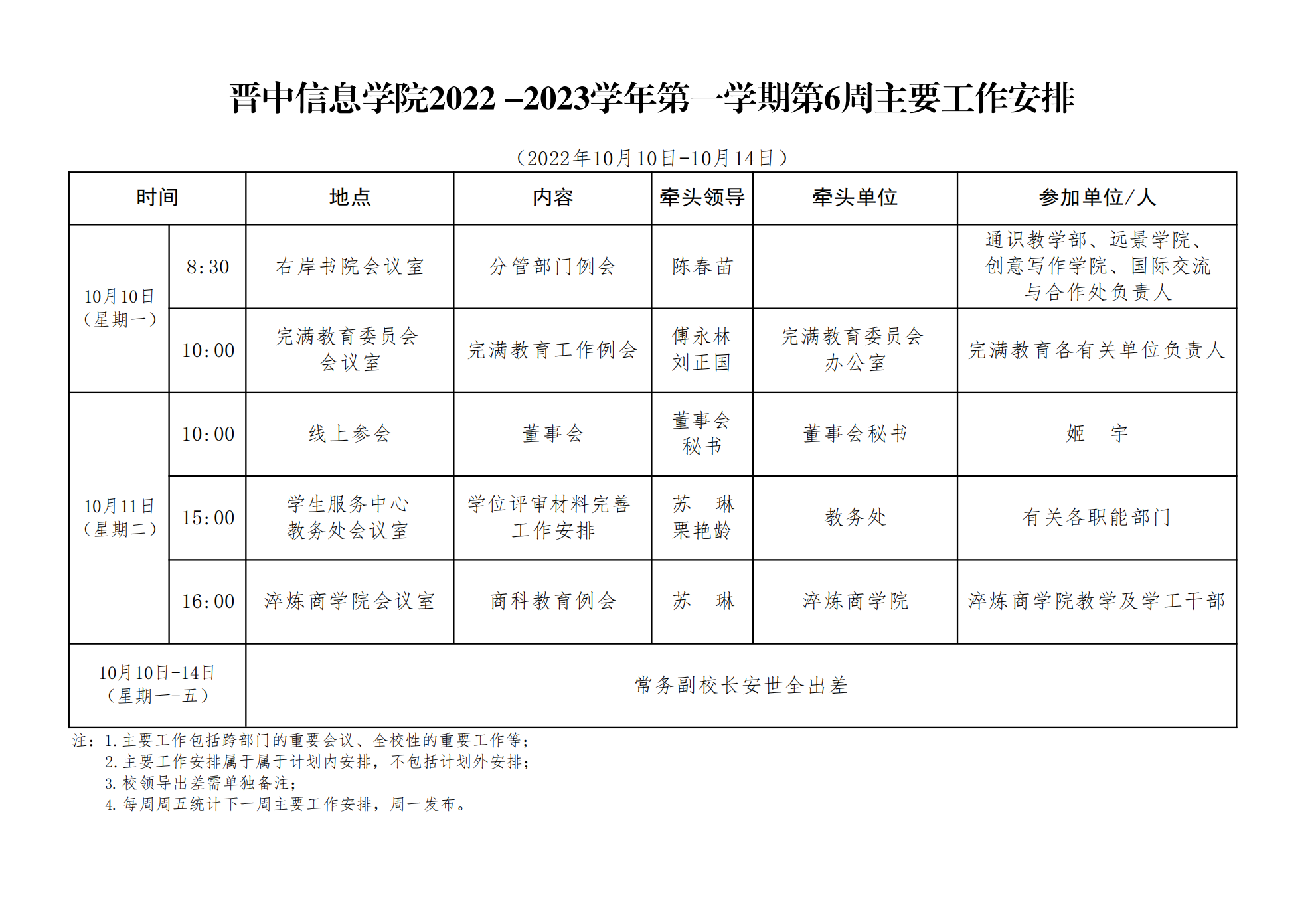 晋中信息学院2022-2023学年第一学期第6周主要工作安排