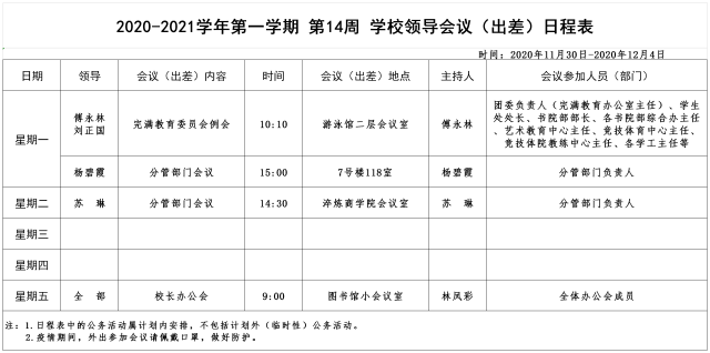 2020-2021学年第一学期第14周学校领导会议（出差）日程表