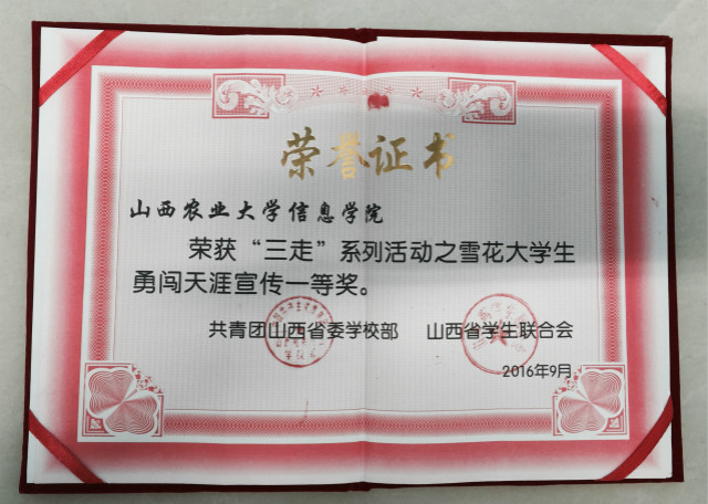 我院喜获“三走”系列活动之雪花大学生勇闯天涯宣传一等奖