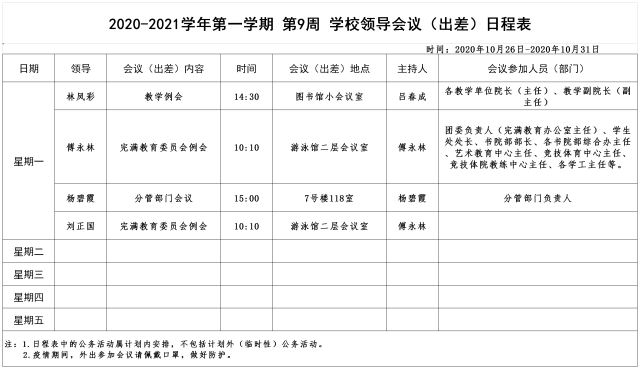 2020-2021学年第一学期第9周学校领导会议（出差）日程表