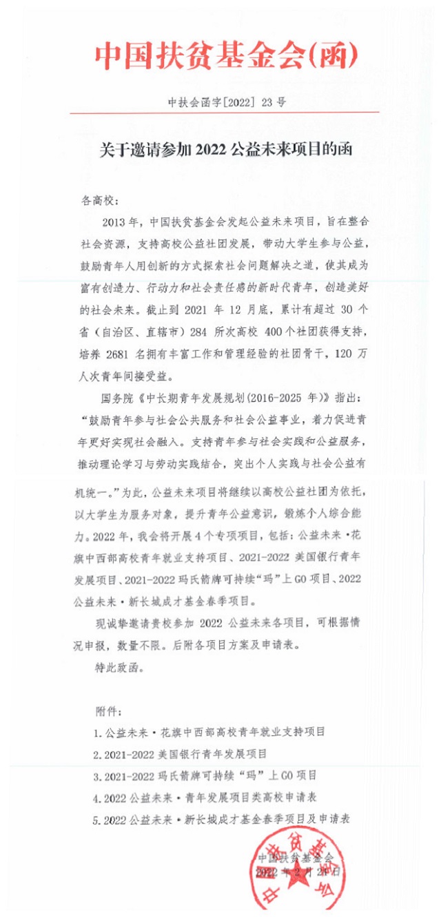 我校连续六年成功入选中国扶贫基金会公益未来·青年发展类项目