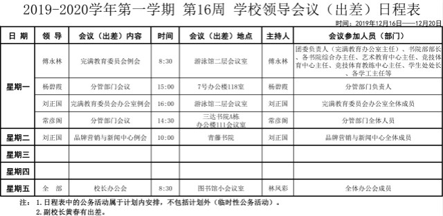 2019-2020学年第一学期第十六周学校领导会议（出差）日程表