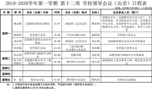 2019-2020学年第一学期第十二周学校领导会议（出差）日程表